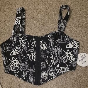 Rabbit Rose Black and White Graffiti Crop Top